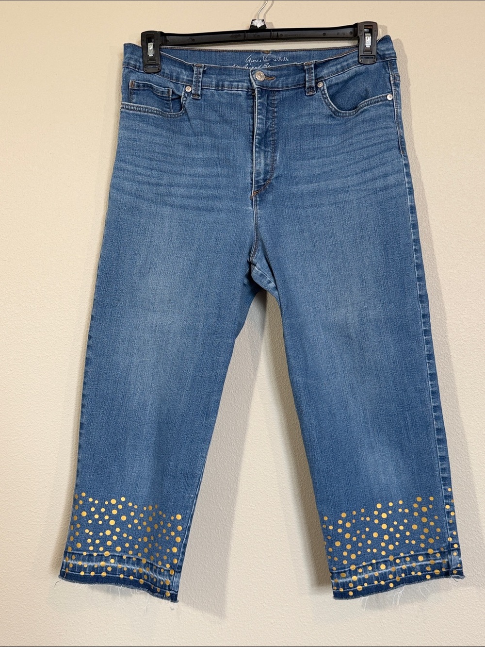 Gloria Vanderbilt Blue Cropped Jeans with Gold Polka Dots Hem, size 14